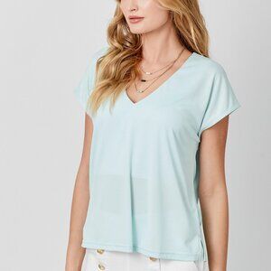 Mystree Light Blue V-Neck Blouse Relaxed Short Sleeve Top Side Slit Lightweight